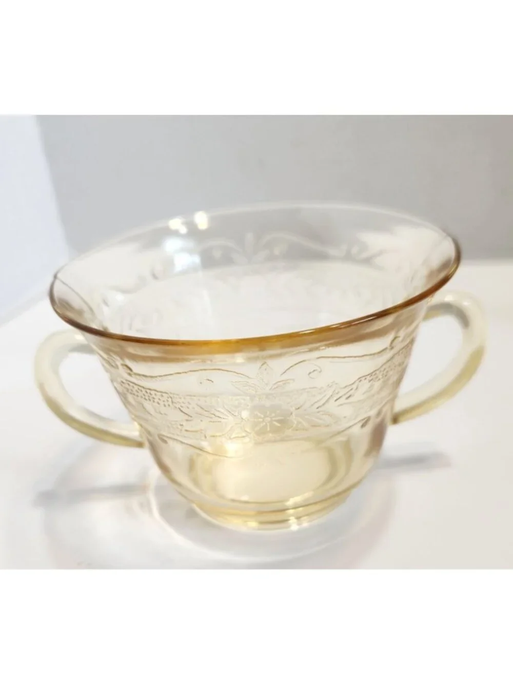 Vintage Amber Depression Glass Open Sugar Bowe With Floral Etched Design READ